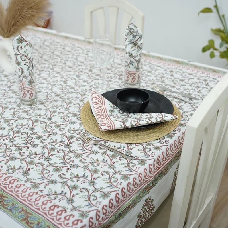 Peaceful bedroom decor with printed table cloth