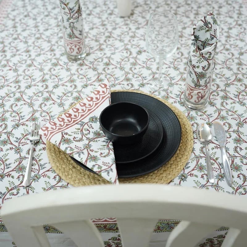 Serene bedroom setup with printed table cloth