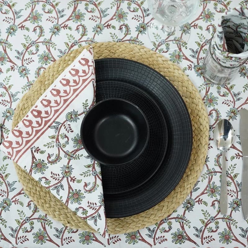 Dreamy bedroom decor with printed table cloth
