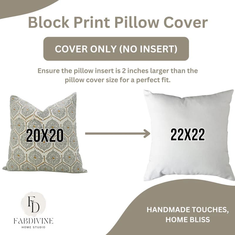 Block print pillow cover with size information and Fabdivine Home Studio branding.