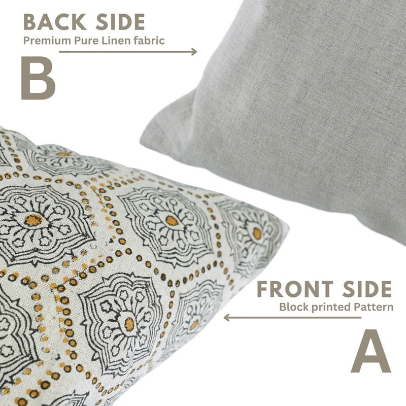 Block Print Gray Floral Linen Cushion Cover - Charkha