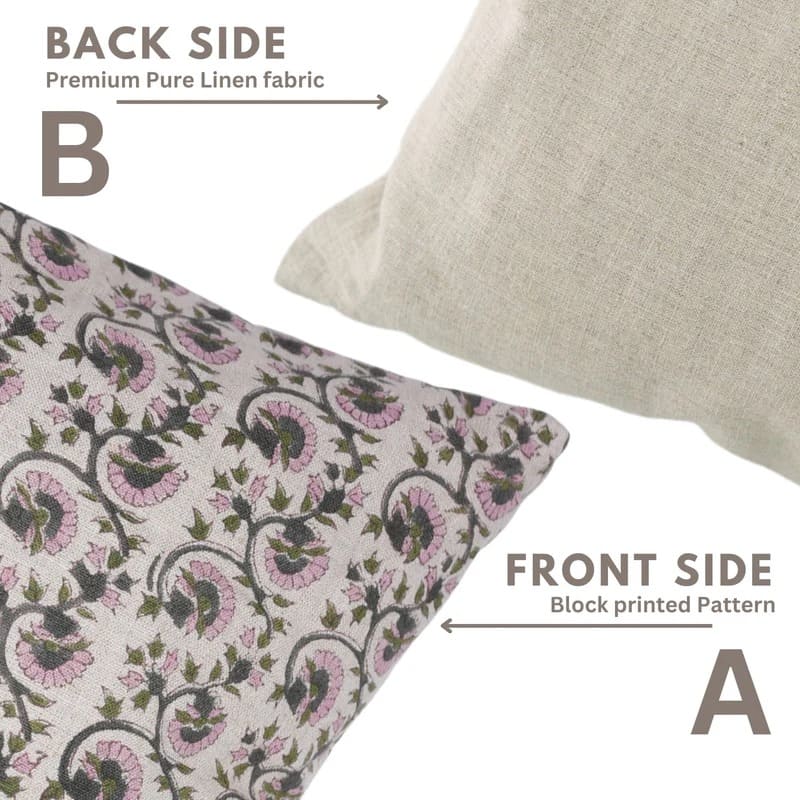 Two pillows, one with a floral pattern and the other with plain fabric, on a white background.