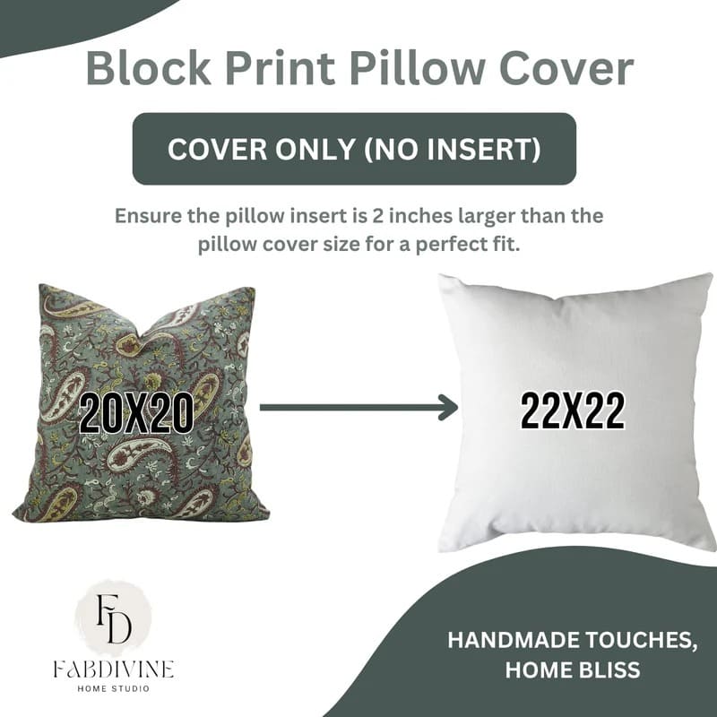 Block print pillow cover with size guide and Fabdivine branding