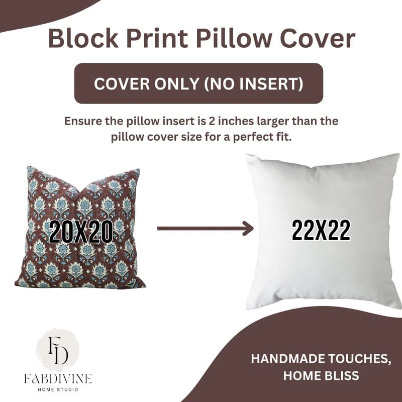Block print pillow cover with size information and Fab Divine logo.