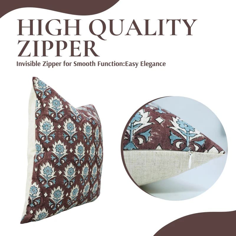 Decorative pillow with a zipper and close-up of the zipper mechanism on a white background.