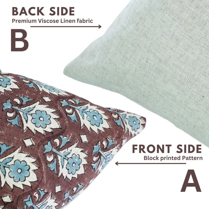 Two pillows, one with a floral pattern and the other with a plain fabric texture, on a white background.