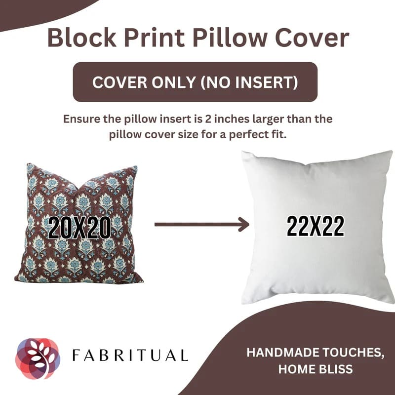 Block print pillow cover with size information and Fabritual branding.