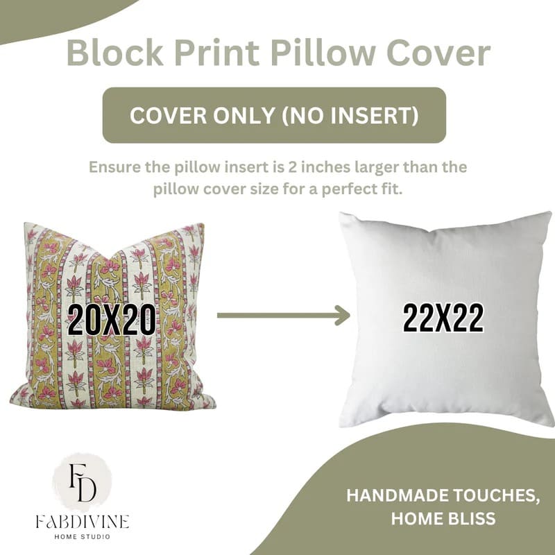 Block print pillow cover with size information and Fabdivine branding.