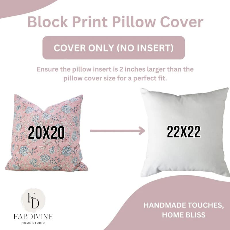 Block print 20x20 toss pillow cover with zipper