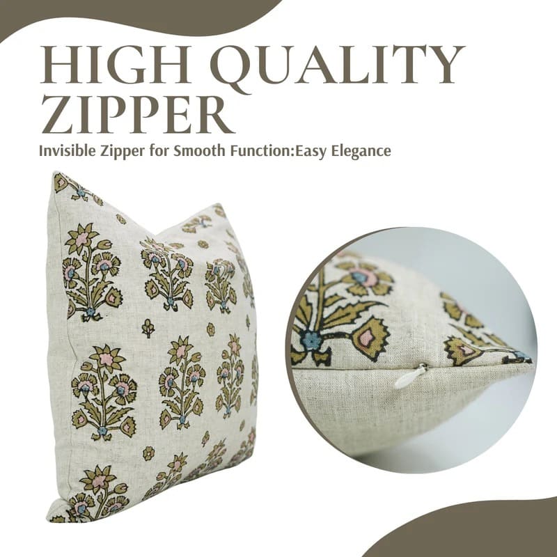 Decorative pillow with floral pattern and text about high-quality zipper