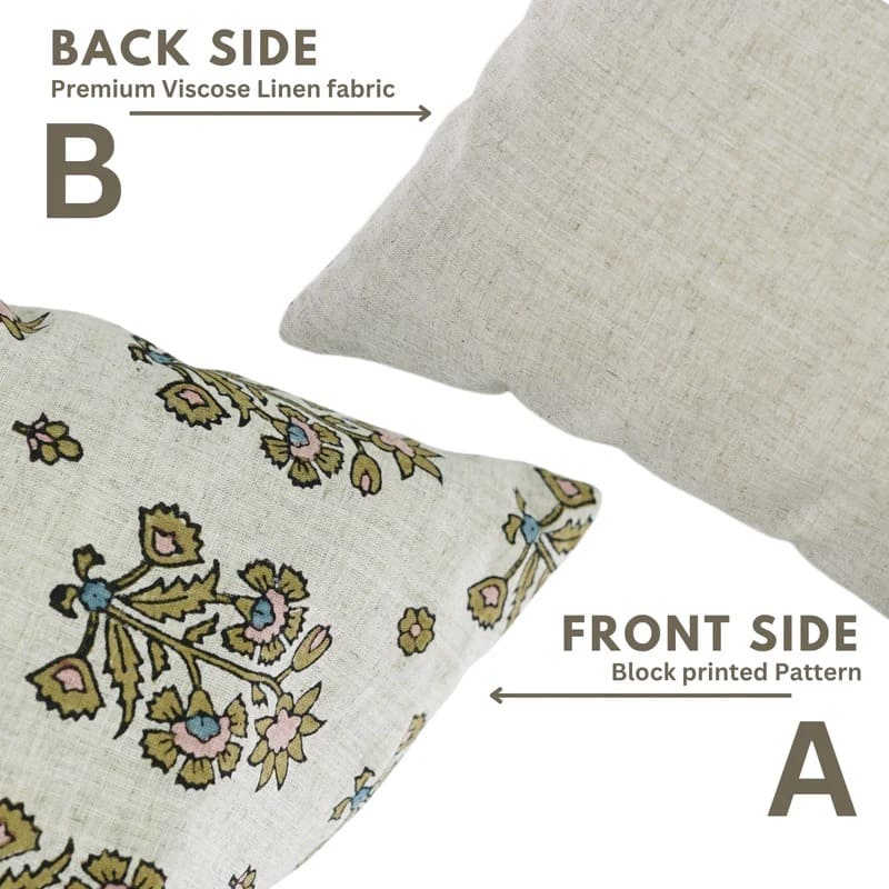 Two pillows showing front and back sides with floral pattern and plain fabric.