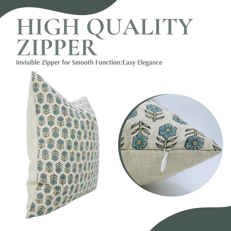 Handmade Blue Floral Linen Cushion Cover - Tulsi Buti