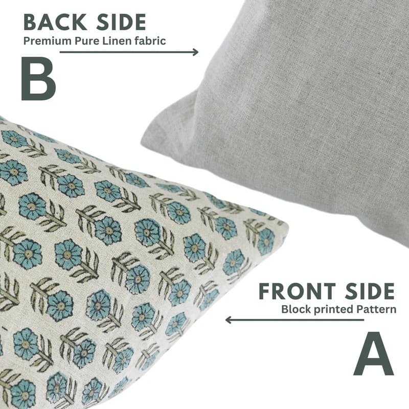 Handmade Blue Floral Linen Cushion Cover - Tulsi Buti