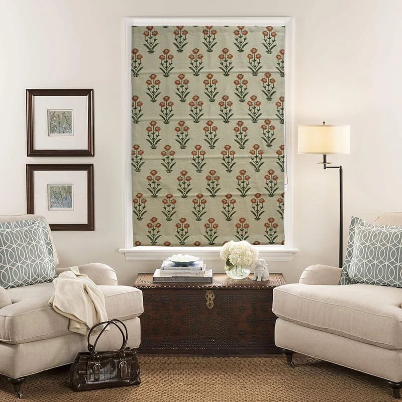 Amitabh Mustard Floral Hand Block Print Thick Linen Roman Shade with Sage Green Stems