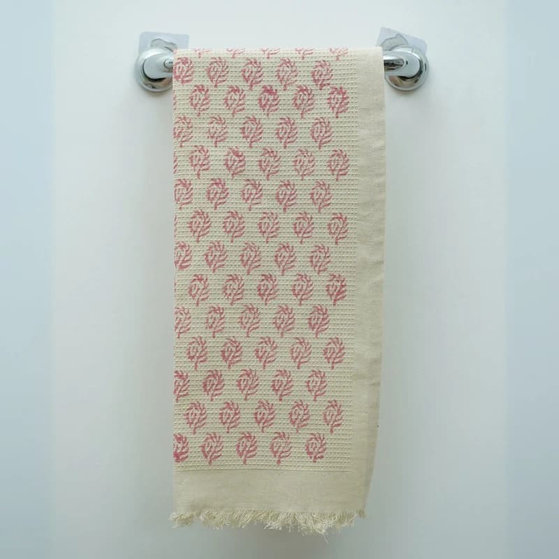 Block print green kitchen towel with artisanal design