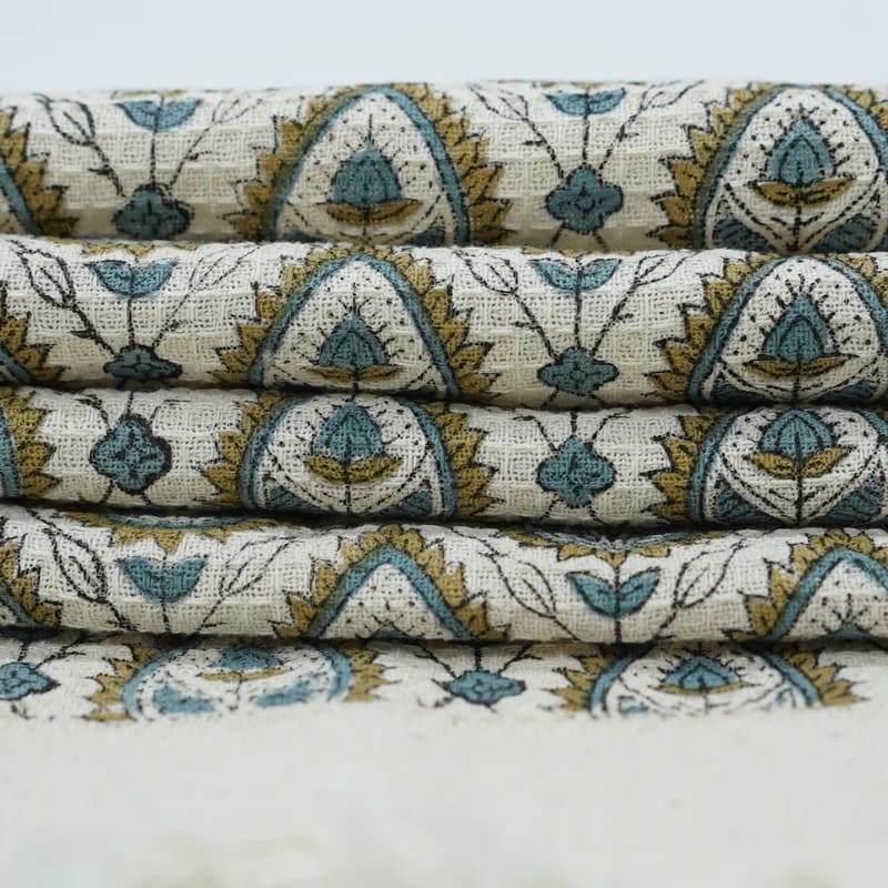 Block printed green kitchen towel with rich design