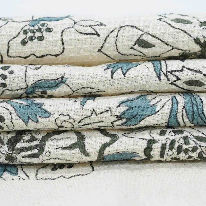 Block printed green towel with handmade pattern look