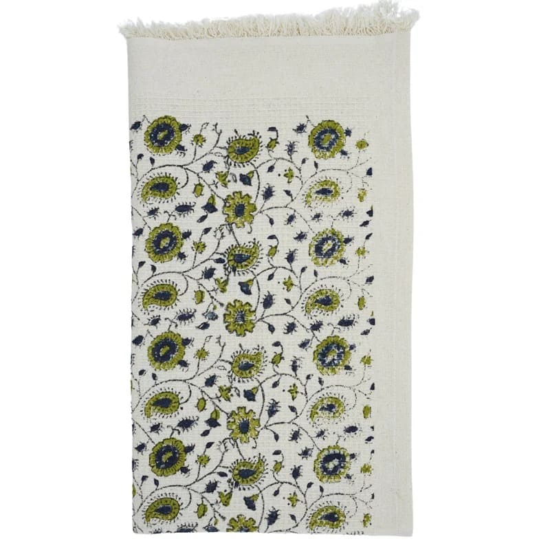 Block print towel in green with handcrafted look