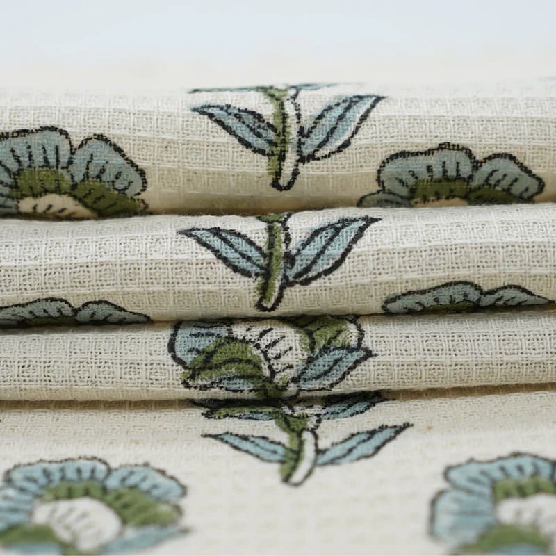 Block print cotton towel in green rustic design