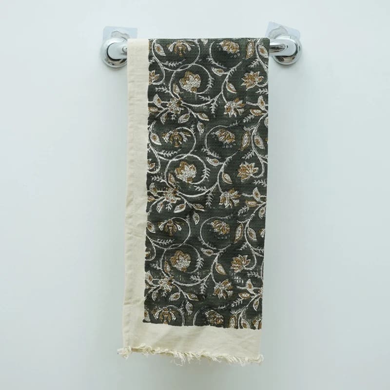 Block print green tea towel with classic design