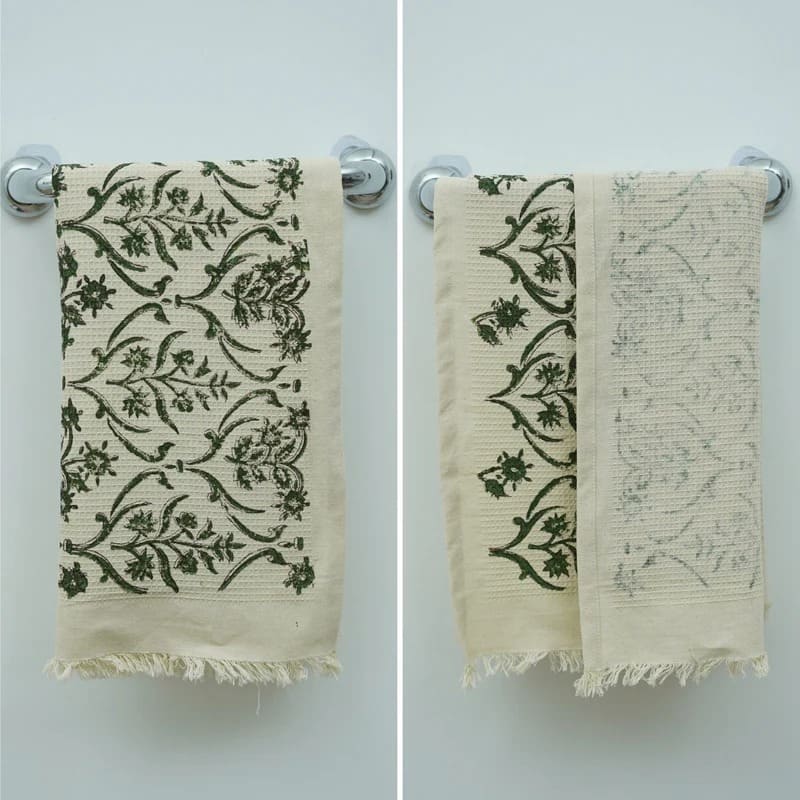 Kitchen towel with block printed floral artwork