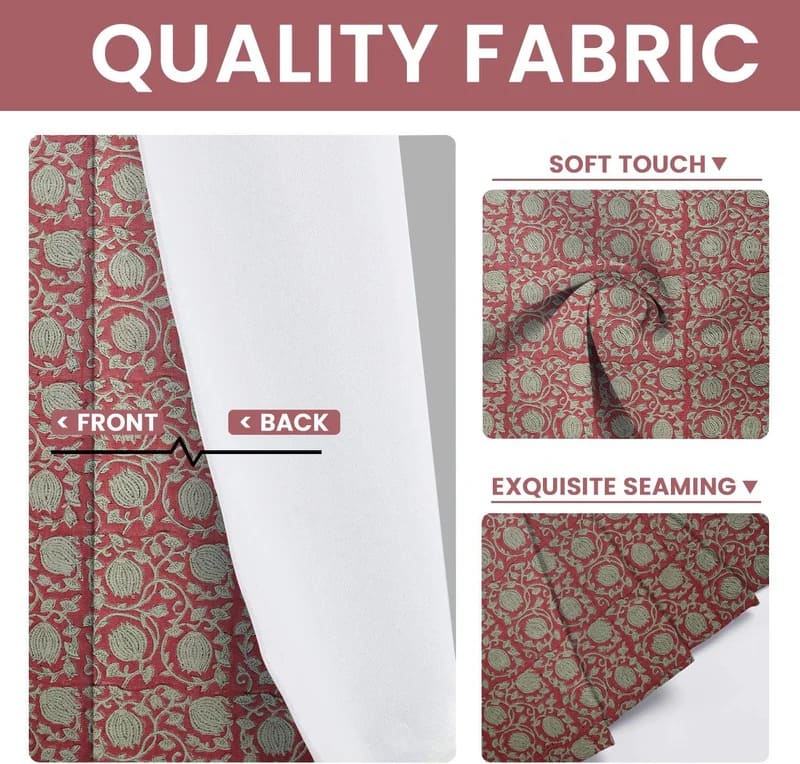 Patterned curtain fabric with 'Quality Fabric' text and features highlighted.