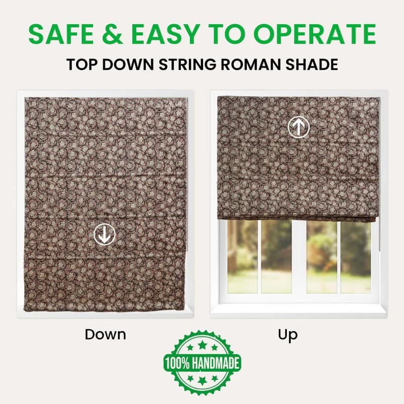 Hand print Roman shade in soft natural fabric tones