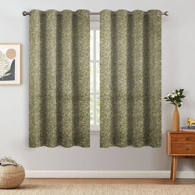 Cutains Block Handmade Green Floral Block Print Window Curtains in Linen - Qudrat ...