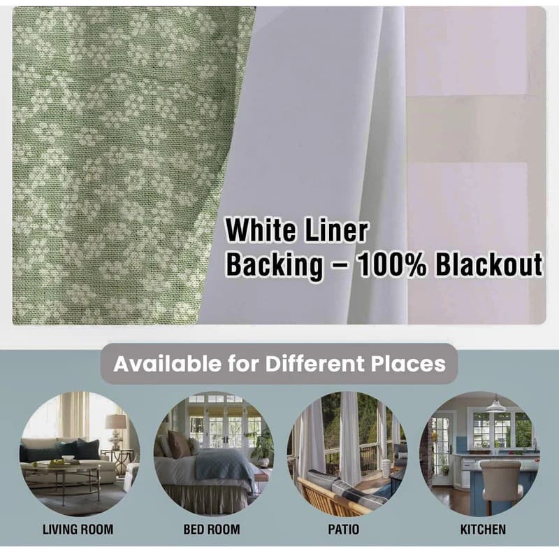 text indicating 100% blackout quality, shown in various room settings.