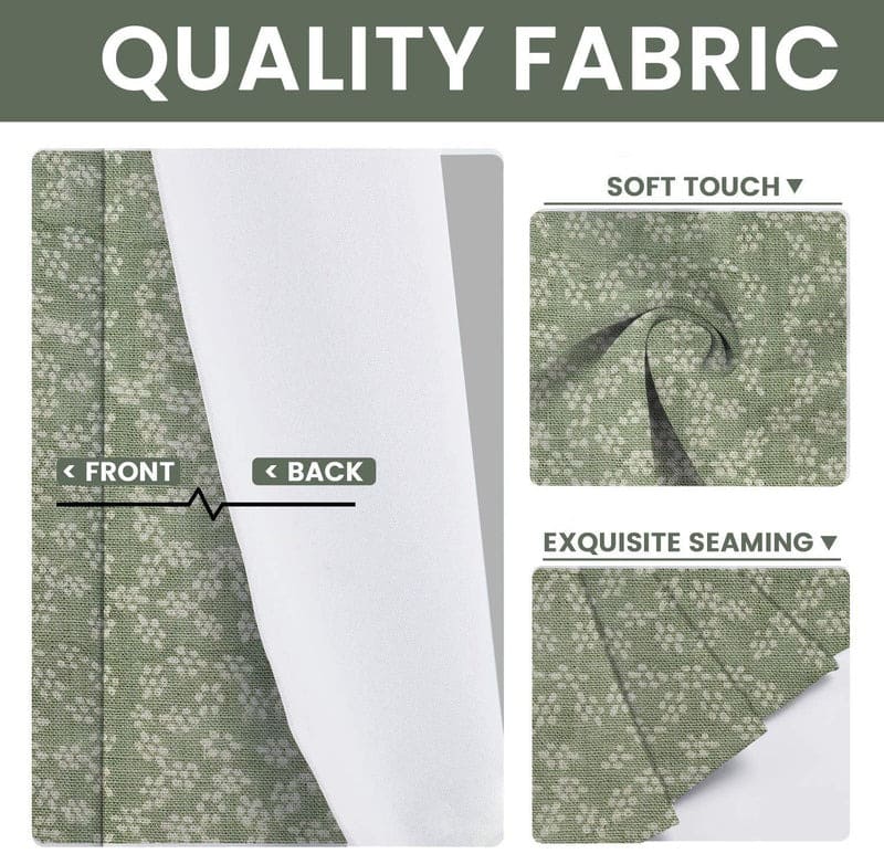 Green fabric sample with text highlighting quality features  