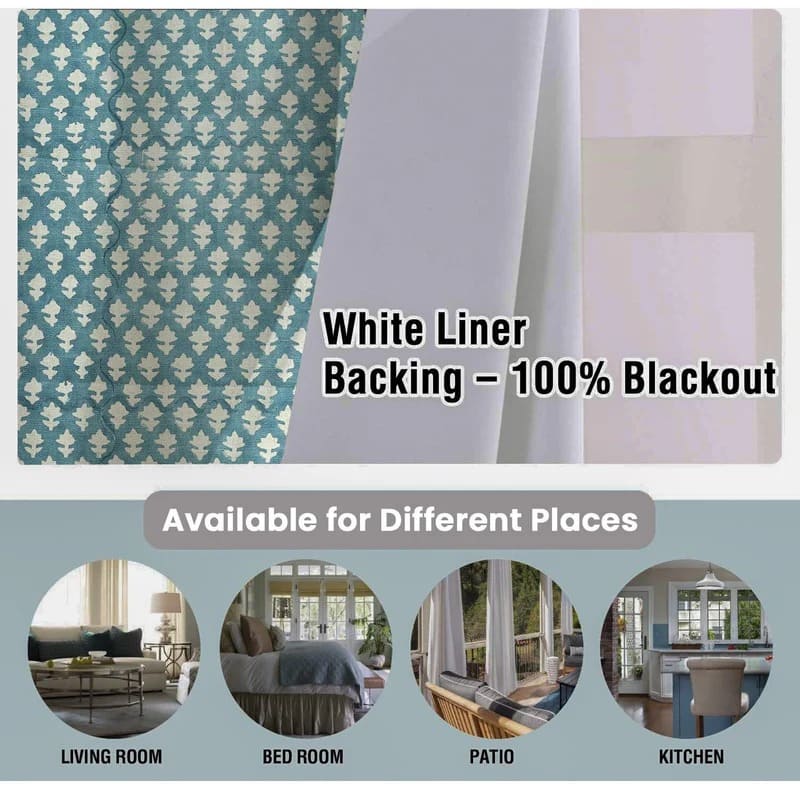 White curtains with pink block print floral pattern