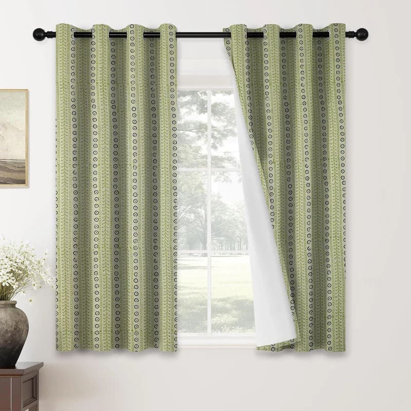 Green botanical curtains hand print living room décor
