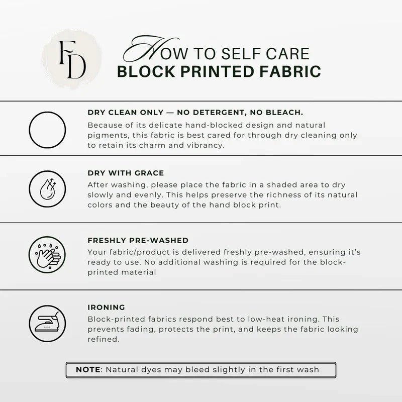 Care instructions for block printed fabric on a white background