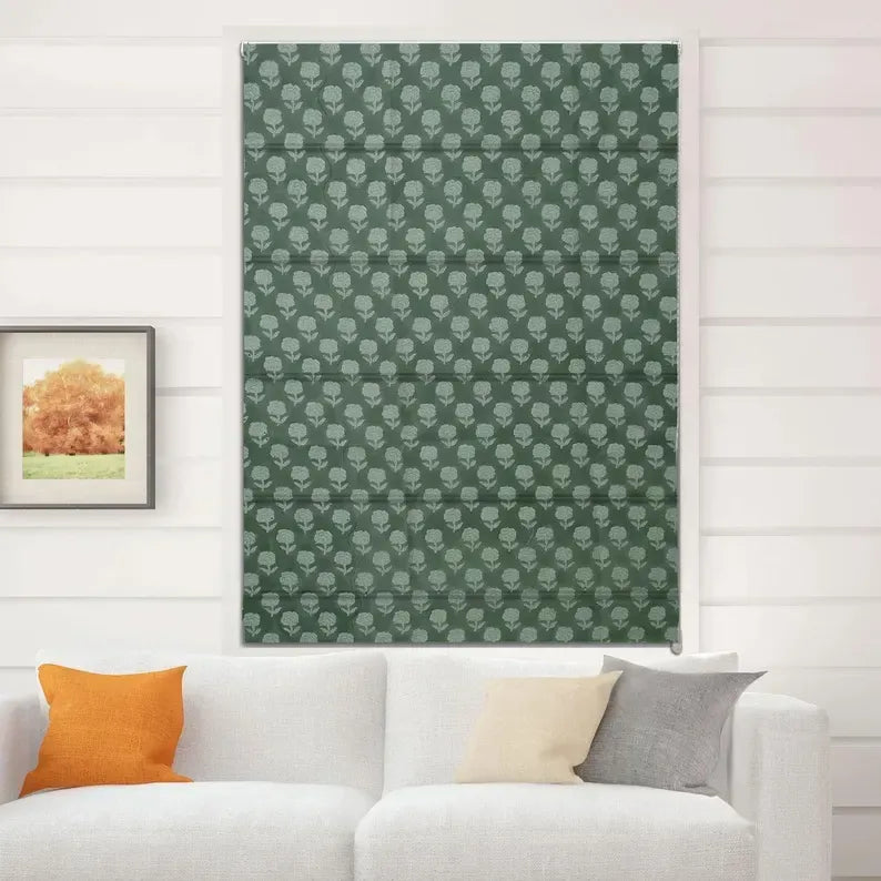 Roman shades in dining room creating warm ambiance