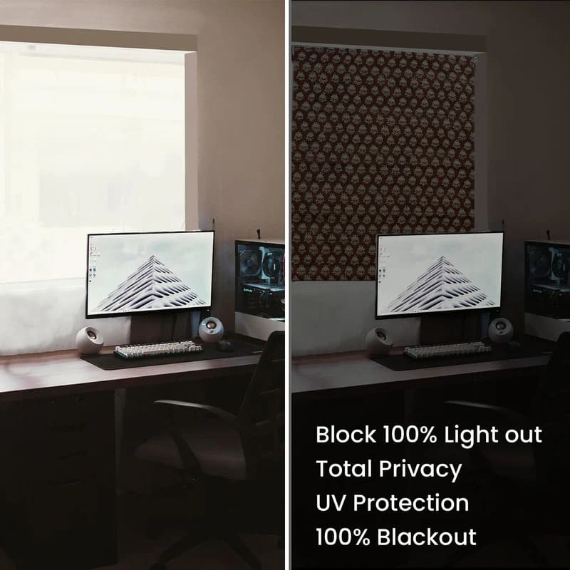 Two office setups with computer monitors on desks, one with light filtering blinds