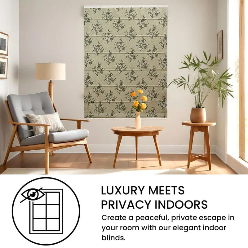 Living room with indoor blinds, chair, table, and plant, promoting privacy.