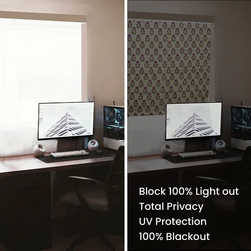 Two office setups with computer monitors, keyboards, and speakers on desks. 