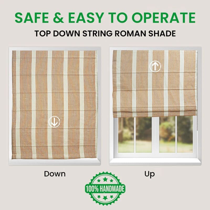 Top down string Roman shade with Safe & Easy to Operate' text and '100% Handmade' label.