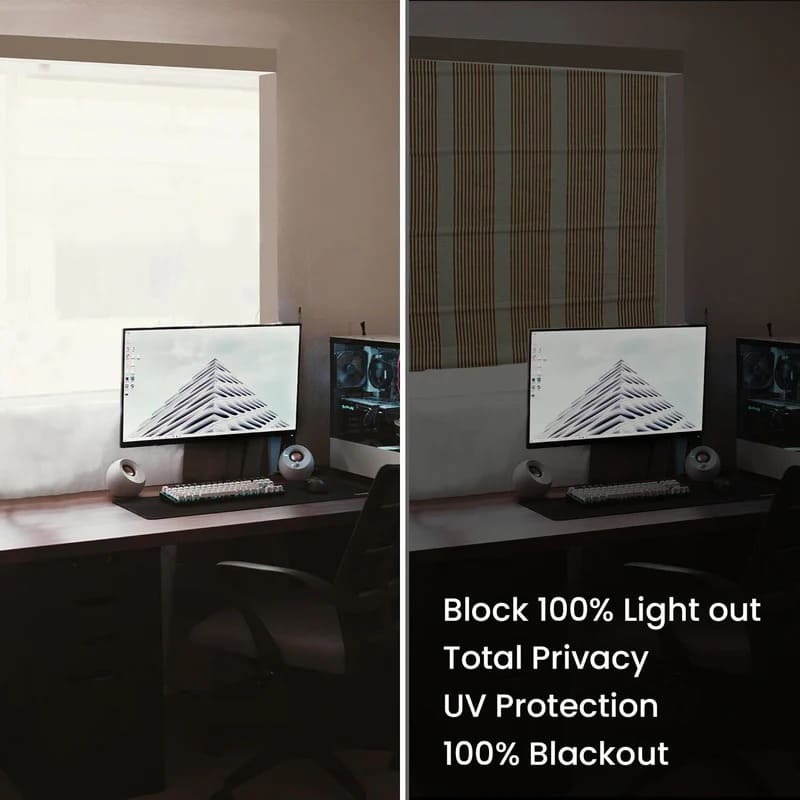 Two office setups with computer monitors, one with a privacy filter and the other without, on a desk.