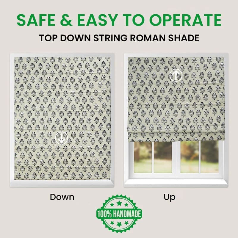 Top down string Roman shade with patterned design, showing 'Down' and 'Up' positions on a neutral.