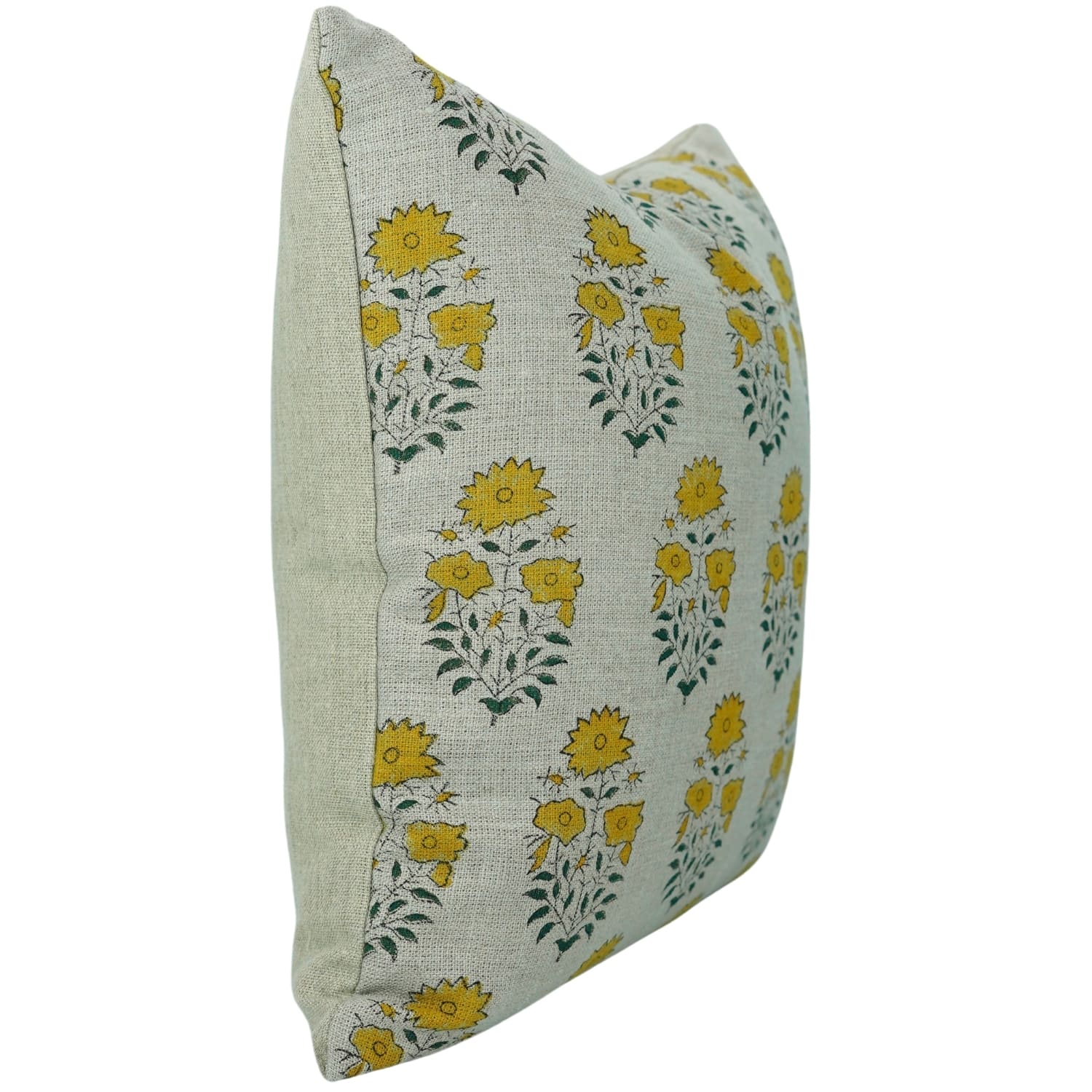 Decorative pillow with yellow floral pattern on a white background