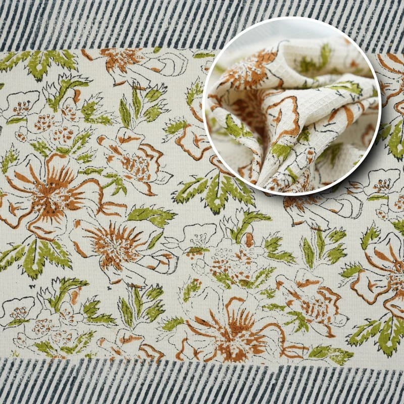 Printed tea towel with green artistic block design