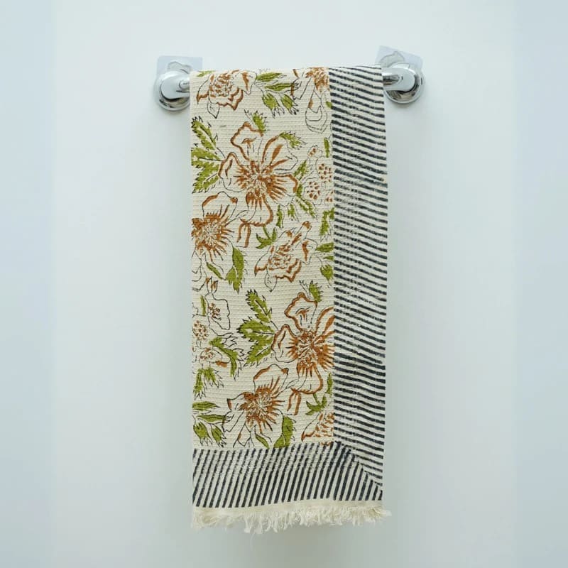 Block print kitchen towel in green rustic style look