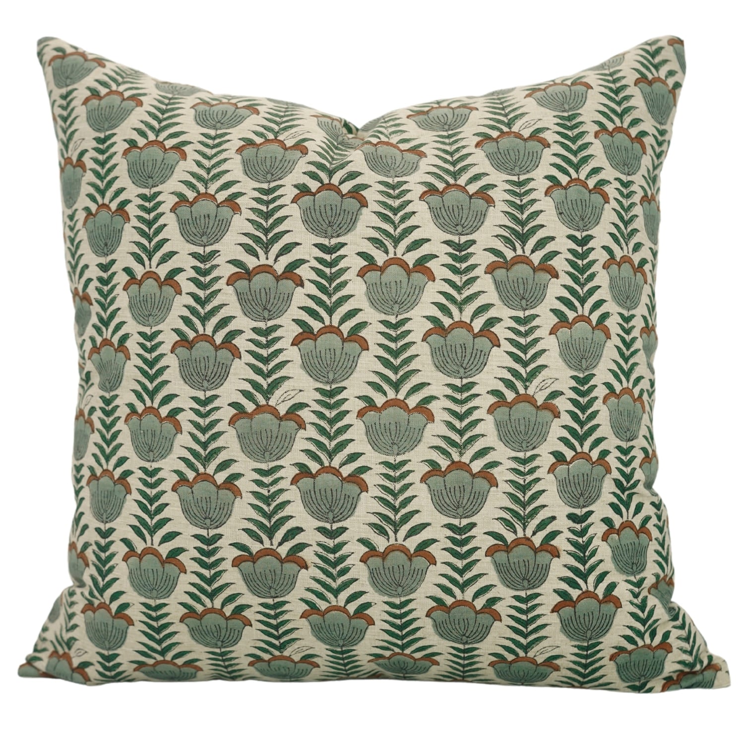 Decorative cushion cover featuring a hand block printed lotus design on natural linen blend fabric