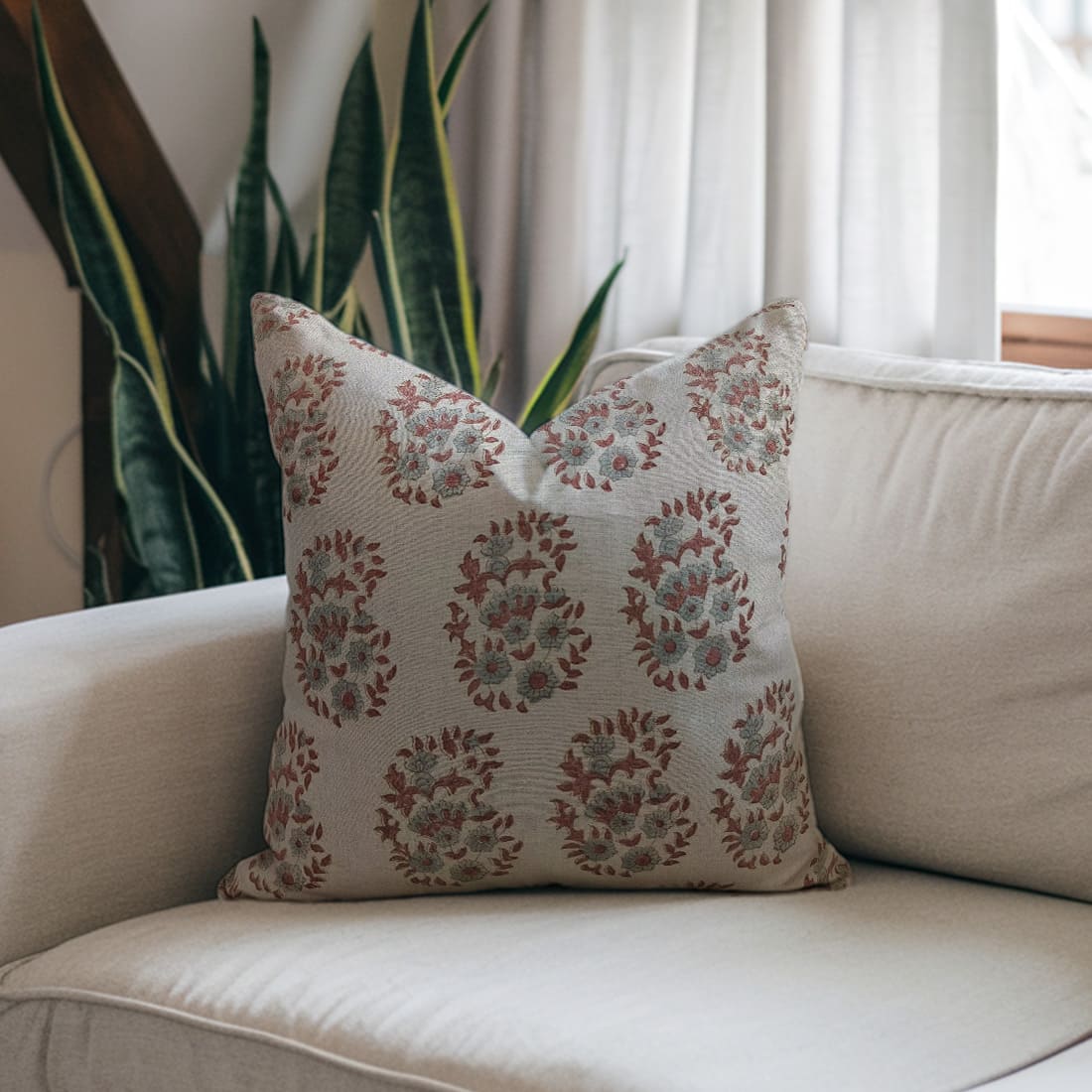 Floral block print pillow with zipper