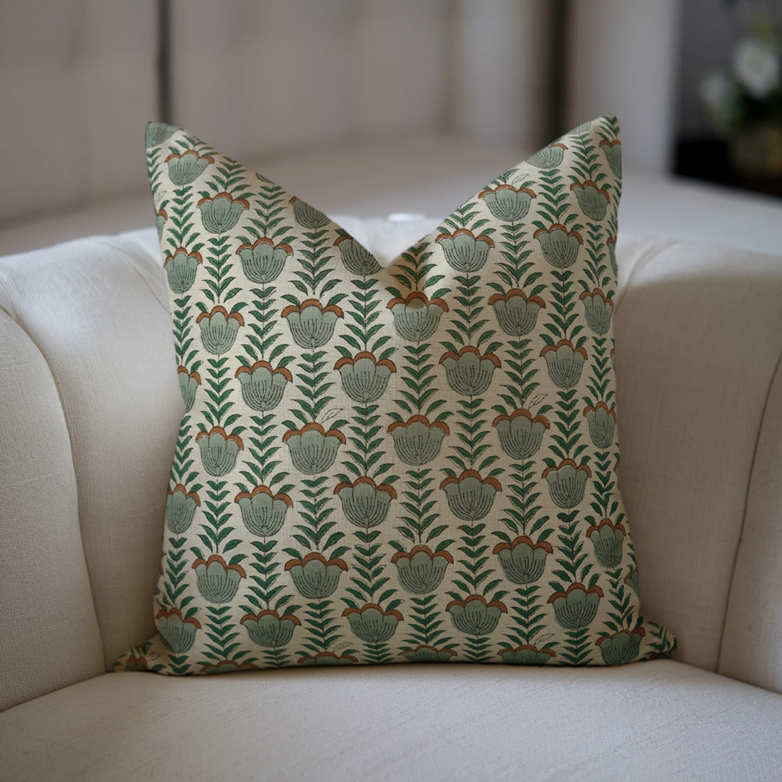 Artisan-made hand block printed lotus cushion cover on linen blend fabric