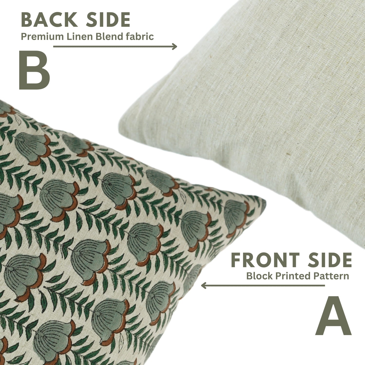 Hand block printed lotus cushion cover in linen blend fabric by Fabdivine.