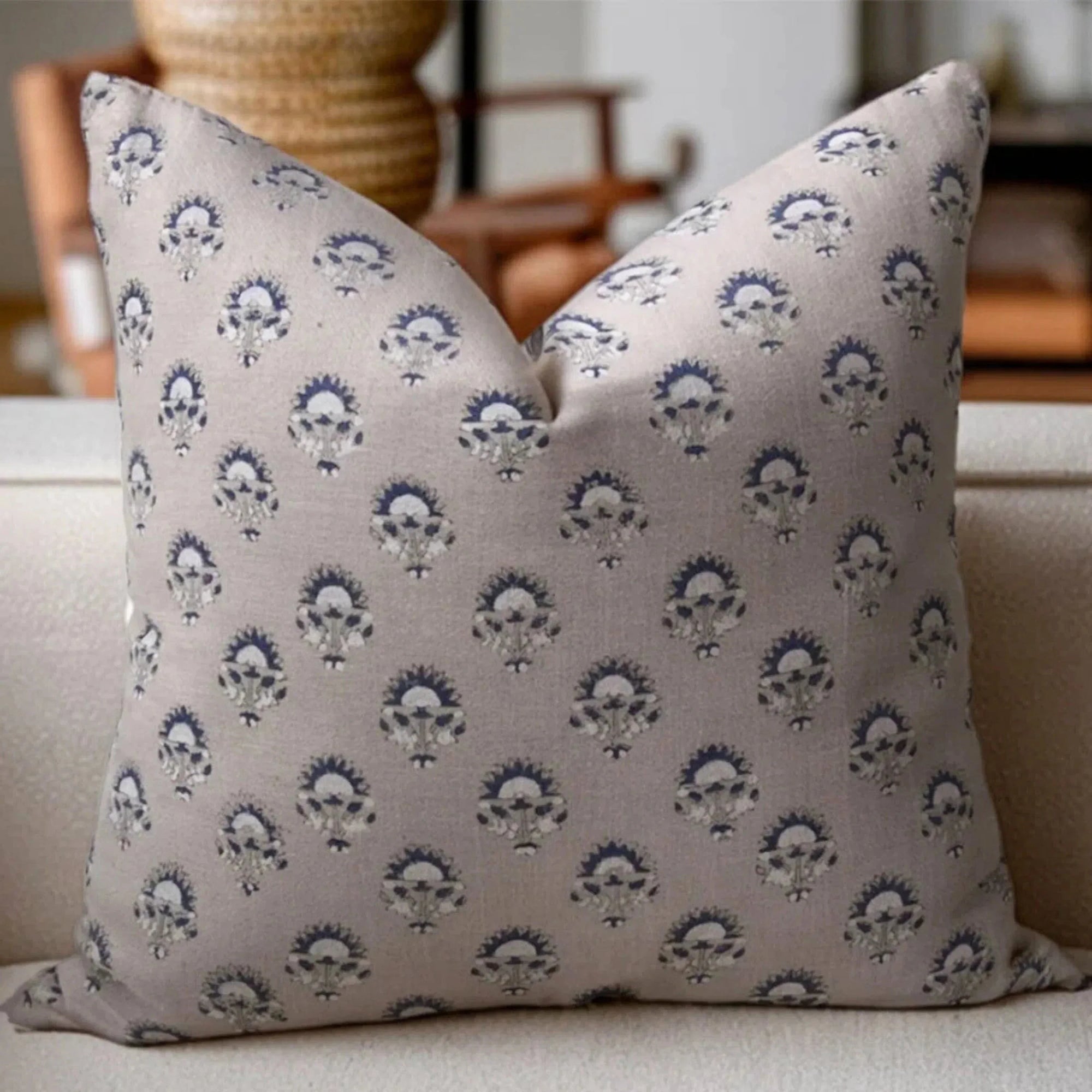 Handmade pillow cover with blue floral pattern 