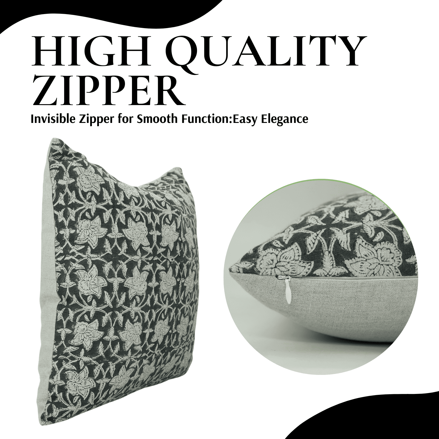 Decorative pillow with floral pattern and text about high-quality zipper