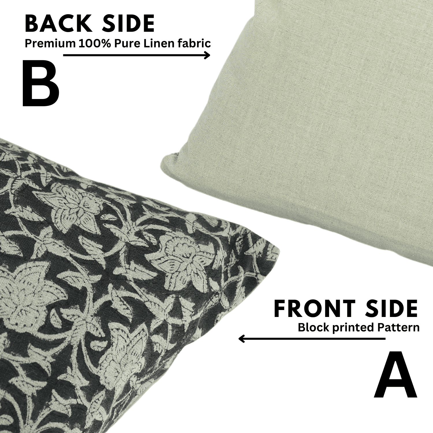 Two pillows showing front and back sides with text indicating fabric type and pattern.